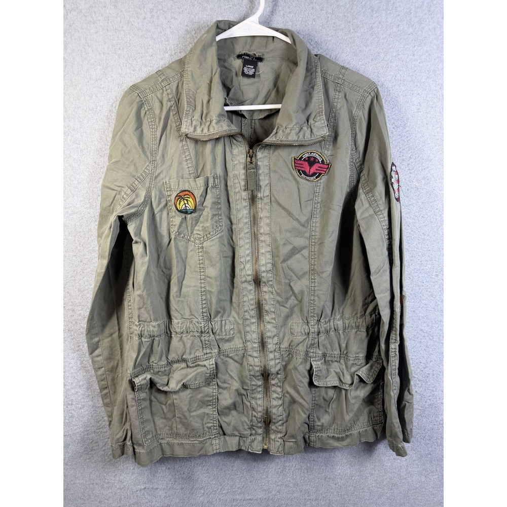 Rue21 Jacket Juniors Large Green Utility Military Full Zip Patch Pockets Army